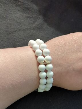 White Genuine Lucite Beaded Double Strand Stretchy Elastic Statement Bracelet